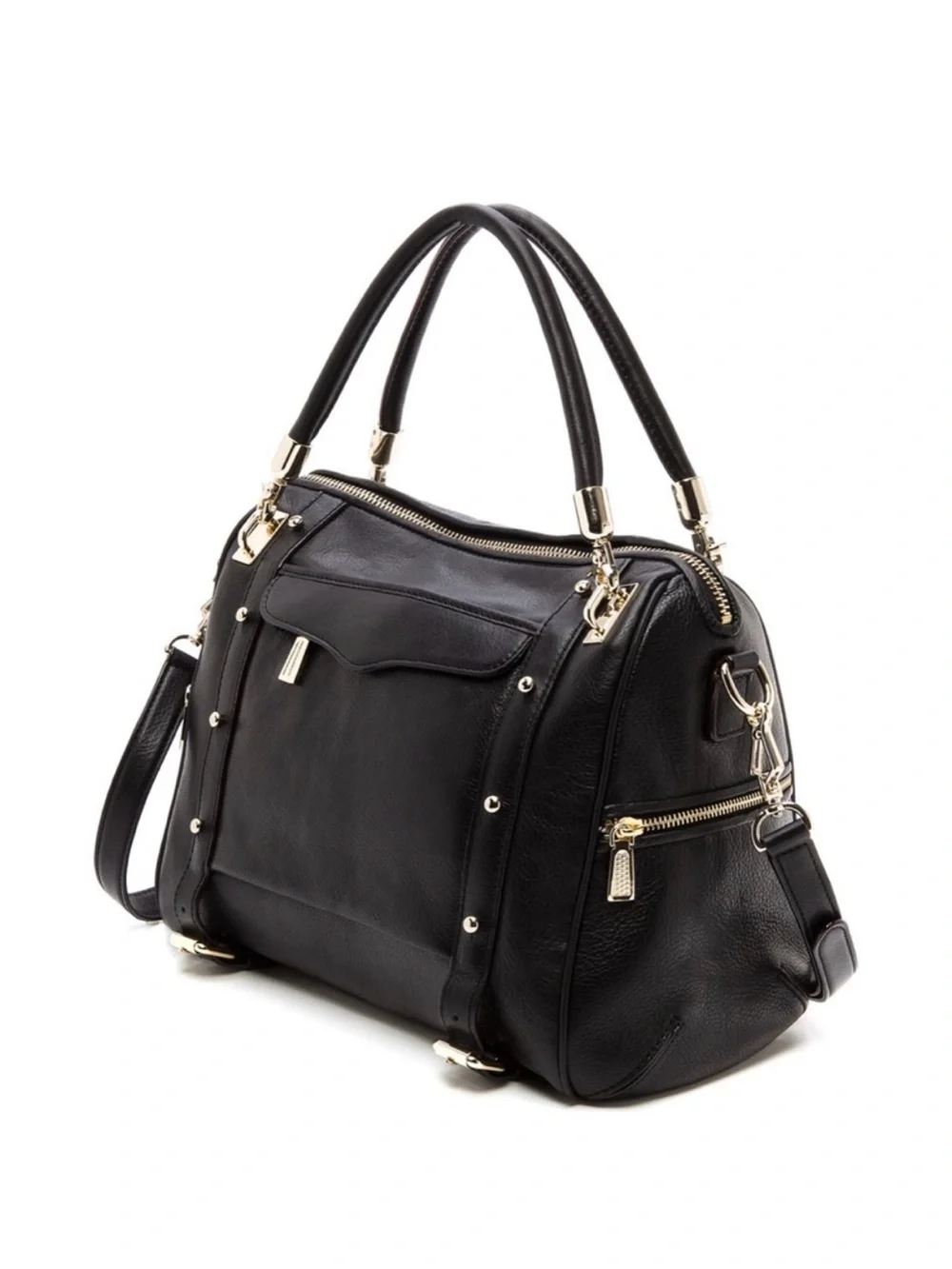 Rebecca Minkoff Cupid Satchel Black Leather Satchel Handbag with Gold Studs